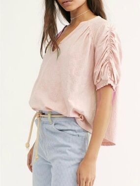 Free People Blush Boho Peasant Top with Gathered Puff Sleeves